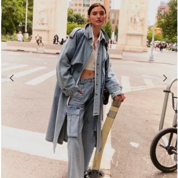 Belle Bloom Jacket Large Trench Skies Stylish Light Blue Denim Coat Belted Chic - Picture 3 of 16